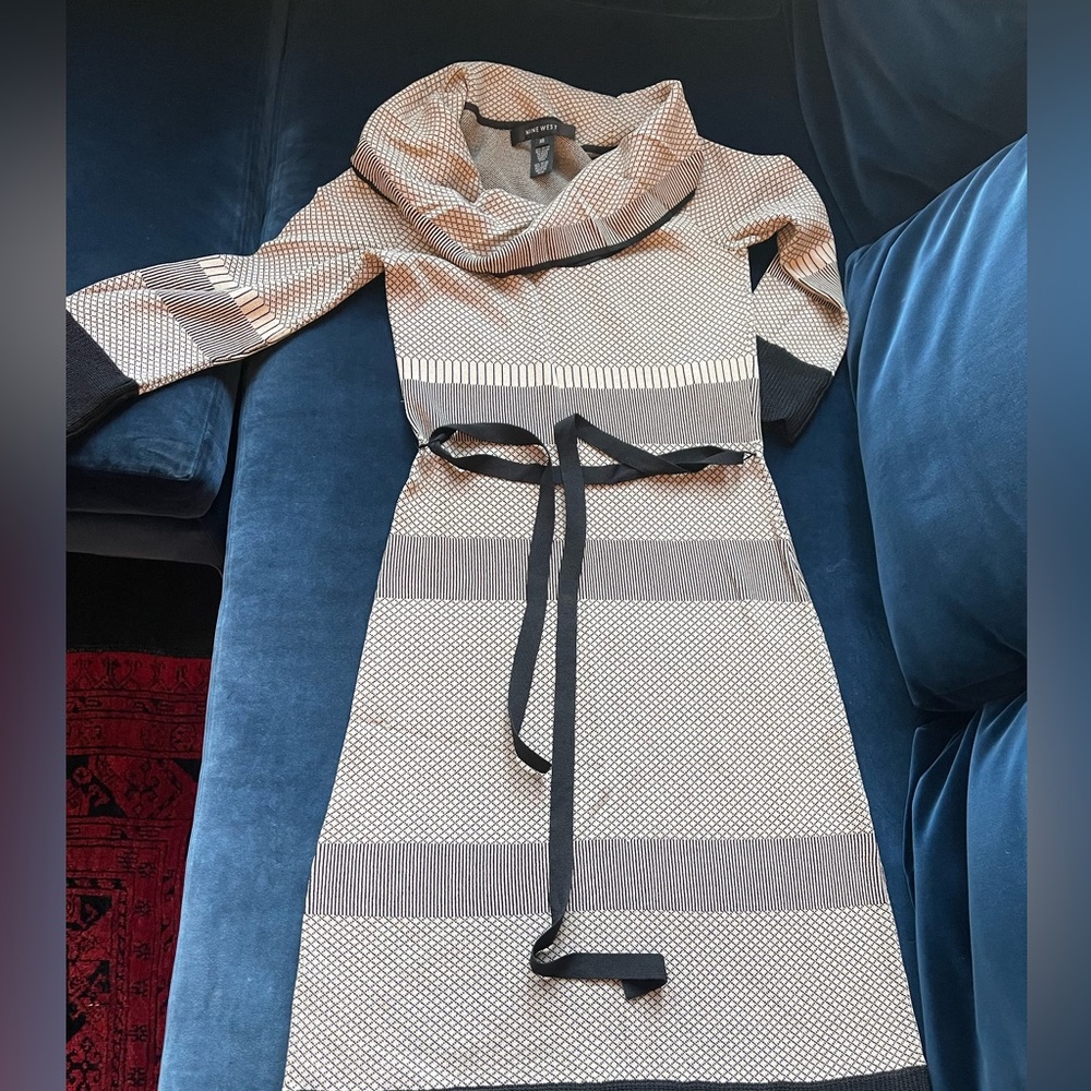 Nine West Black and Cream Long Sleeve Dress, removable belt